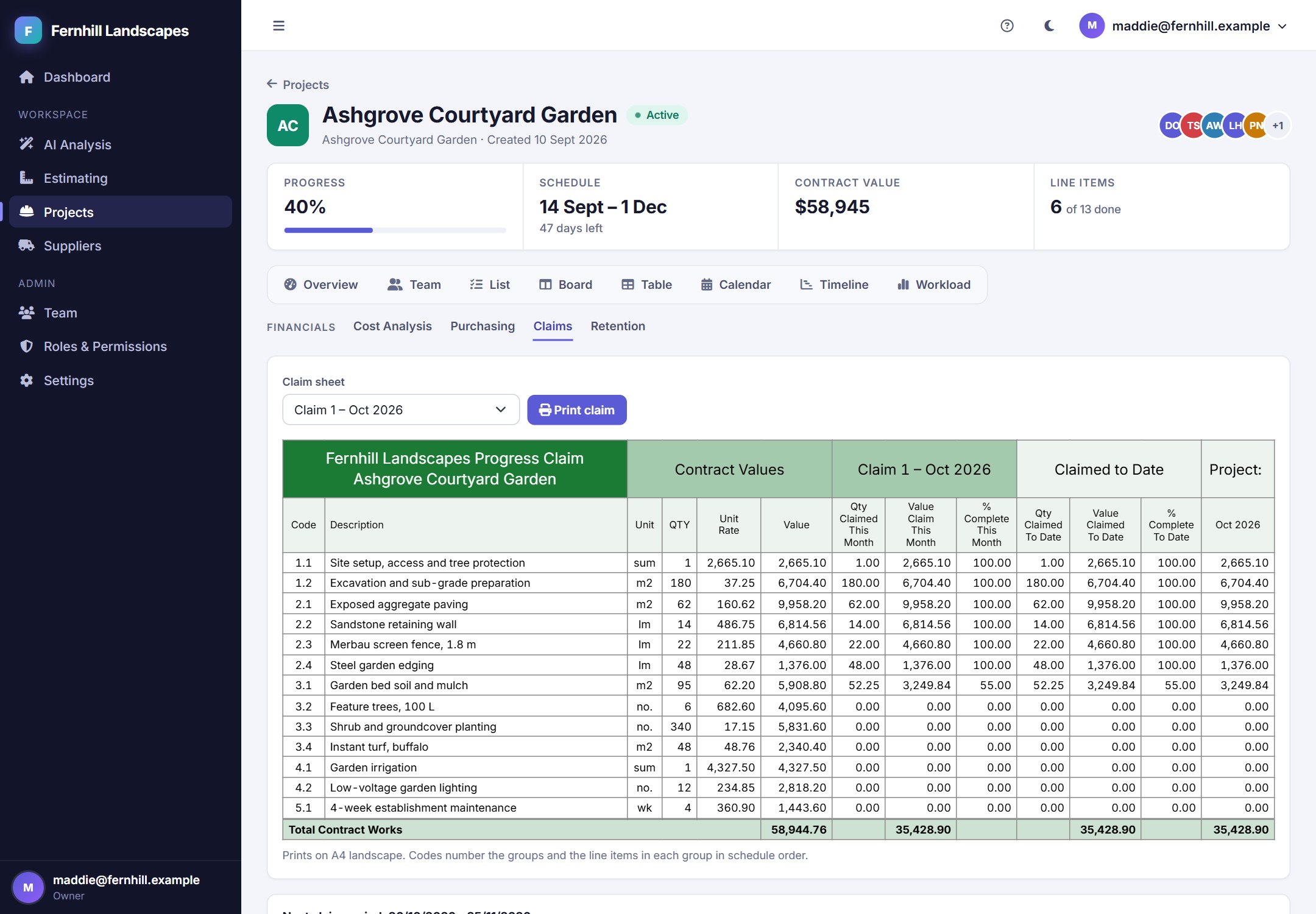 A progress claim sheet in the company's brand colour, with contract values, this month's claim and claimed to date for every line item, and a Print claim button.