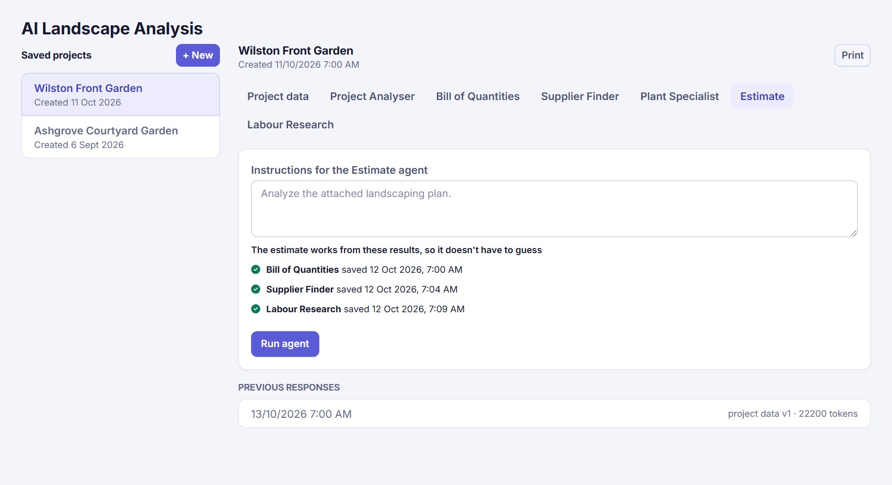 The Estimate agent's screen, listing the Bill of Quantities, Supplier Finder and Labour Research results it works from, each with a tick and the time it was saved.