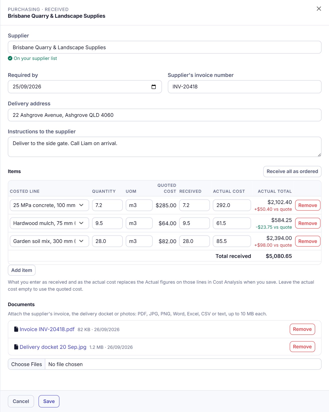 A purchase order opened for receiving, with the supplier, invoice number, items with unit of measure, received quantity and actual cost, the difference from the quote on each line, and the invoice and delivery docket attached.