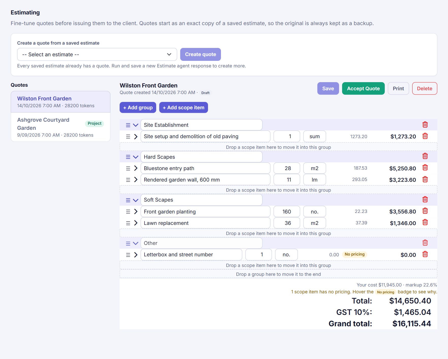 A draft quote with its groups and scope items, a Your cost and markup line, a No pricing badge on a scope item with no price, and the total, GST and grand total.