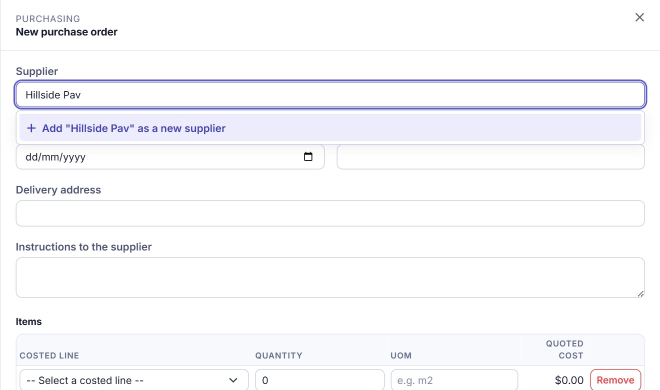 The supplier box on a new purchase order offering to add the typed name as a new supplier.